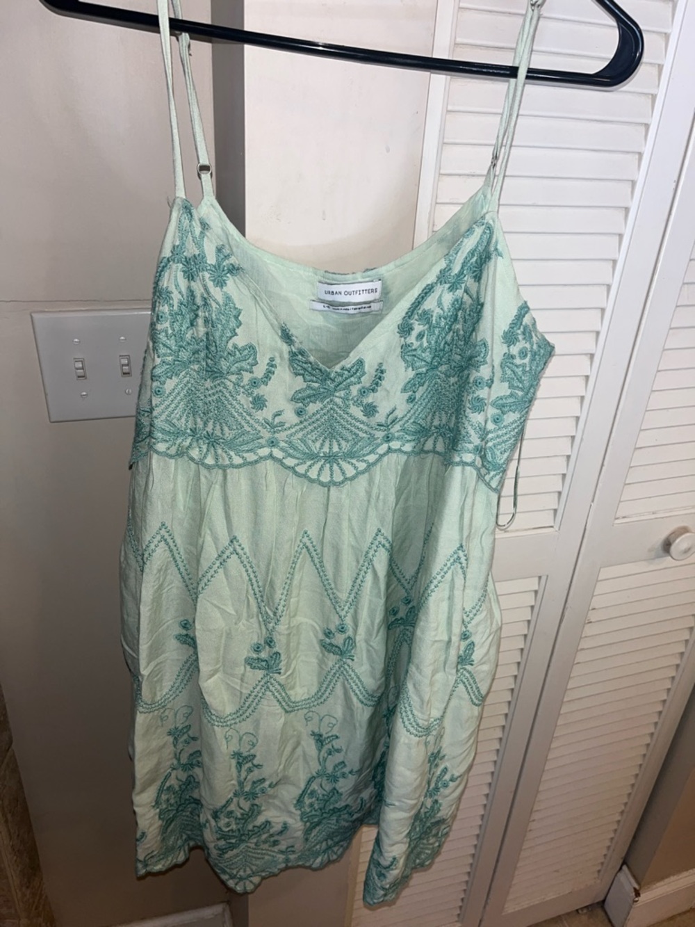 Urban Outfitters Mint Green Embroidered Slip Dress with Teal Appliqué